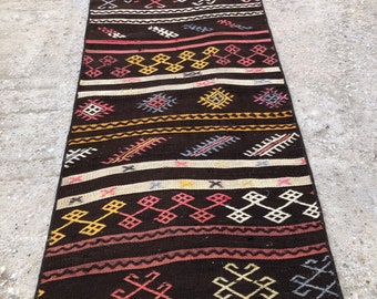 Vintage Turkish Kilim Runner, Bohemian Hallway Rug, Entryway Rug