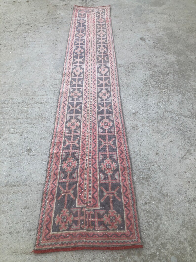 Vintage Turkish Oushak Runner Rug: Handmade Wool Patchwork Rug (2’ x11’8 feet) image 6