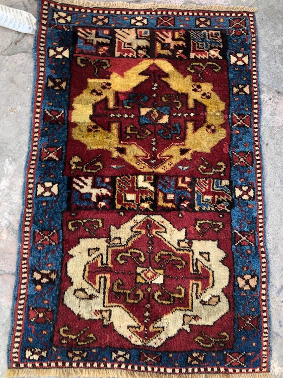Antique Turkish Small Rug: Multi-colored Vintage Wool Yastik Rug