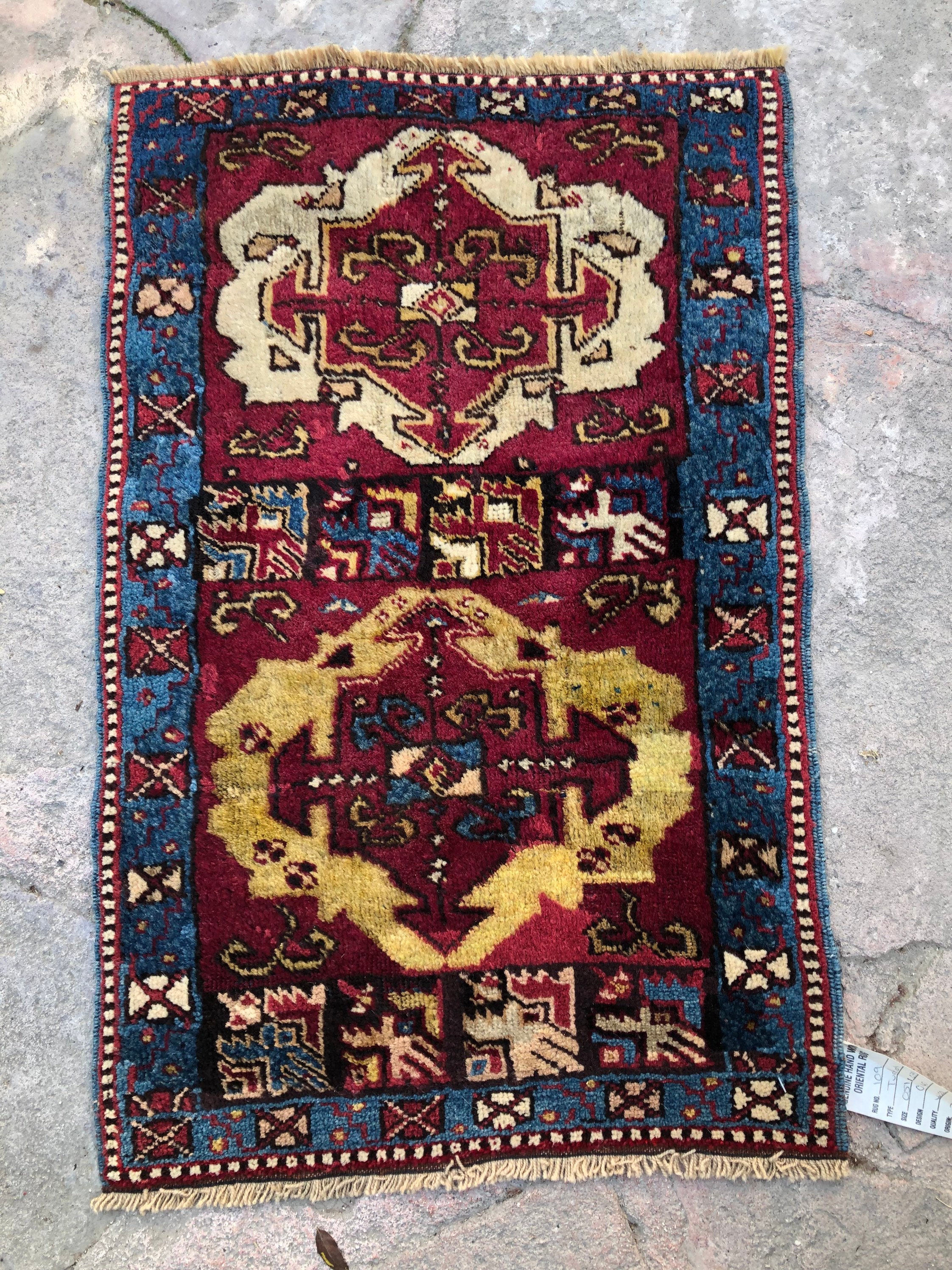 Antique Turkish Small Rug: Multi-colored Vintage Wool Yastik Rug