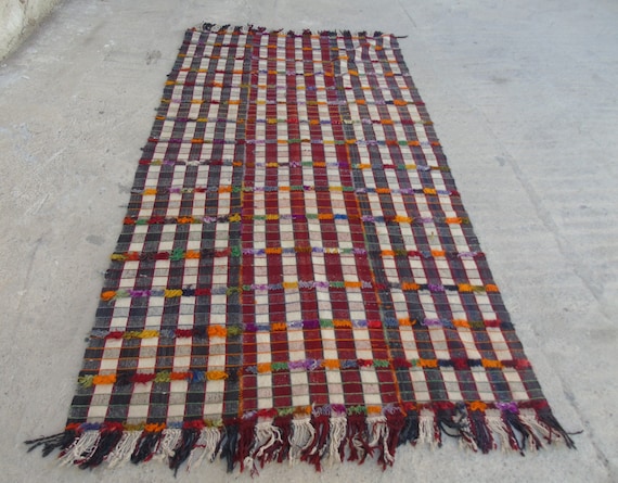Handmade Turkish Kilim Runner Rug: Black-Red Checker Design (5'0 x 9'2)
