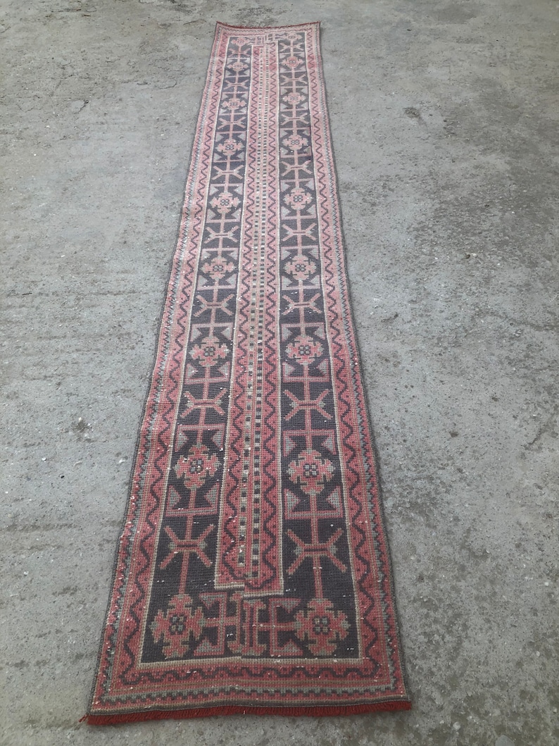 Vintage Turkish Oushak Runner Rug: Handmade Wool Patchwork Rug (2’ x11’8 feet) image 9