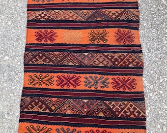 Vintage Turkish Kilim Rug, Small Orange & Navy Woven, Bohemian Accent Rug
