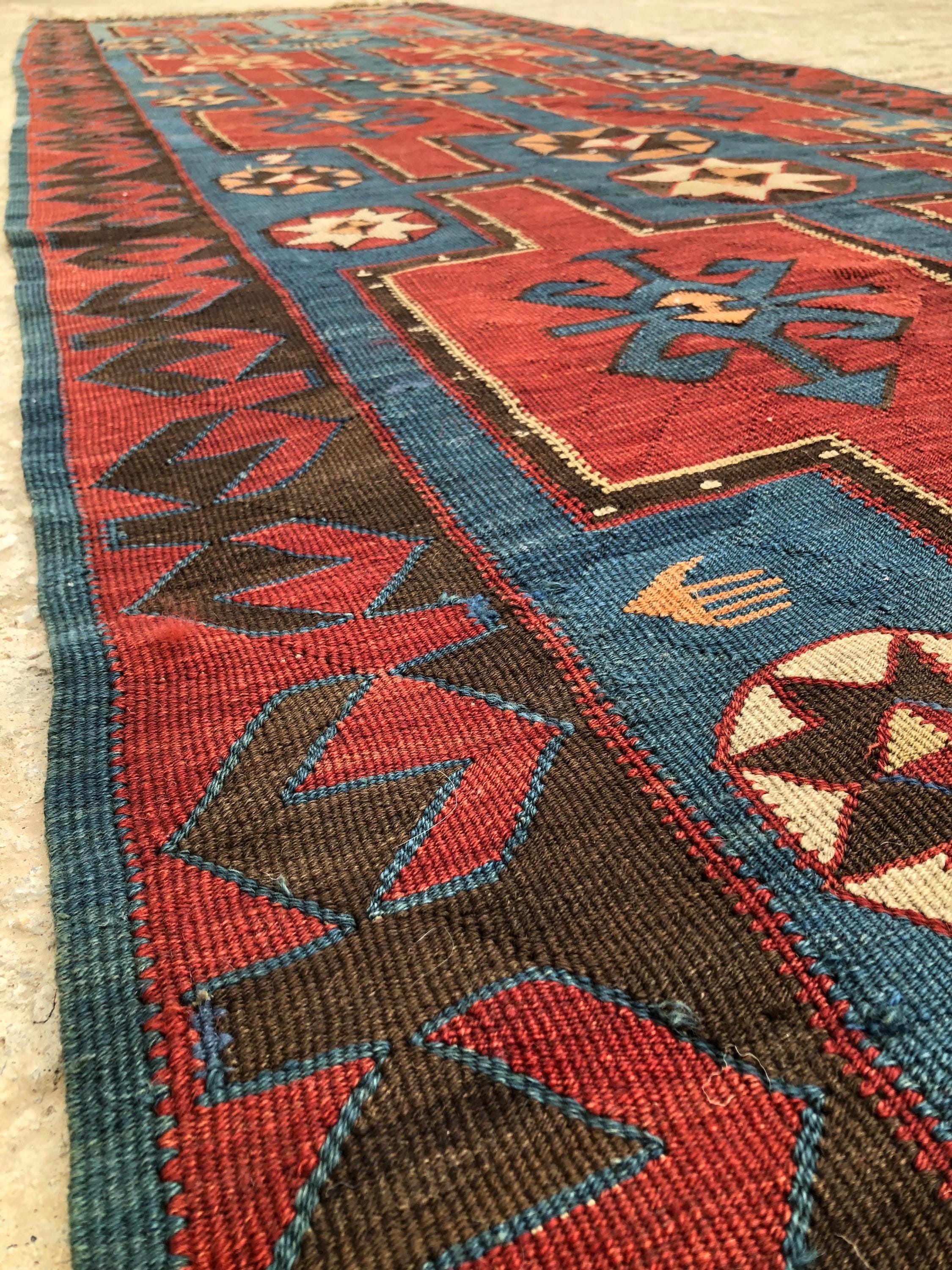 Vintage Turkish Kilim Rug, Red & Blue Geometric Woven, Bohemian 