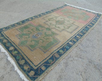Pastel Colored Vintage Small Carpet, Turkish Rug, Entry Rug, Decorative Rug, Bedside Rug, Bath Rug, 50 x 95 cm / 1'6 x 3'1