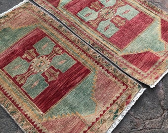 Pair of Turkish Oushak Rugs: Distressed Wool Small Rug Set