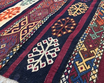 Antique Turkish Kilim Rug: Hand-spun Wool Cicim, Tribal Design