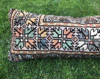 Vintage Turkish Kilim Lumbar Pillow Cover, Colorful Woven Accent Pillow, 12x20