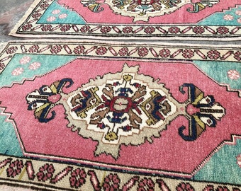 Vintage Turkish Oushak Rugs: Small Distressed Wool Pair