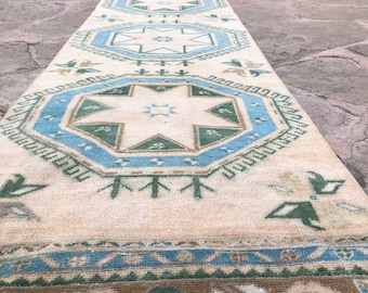 Vintage Turkish Runner Rug, Distressed Hallway, Geometric Area