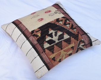 Square Cushion Kilim Pillowcase, Turkish Throw Pillowcase, Pillow Linen, Nomadic Oriental Pillowcase, Decor Cushion Kilim Cover, 16"x16"