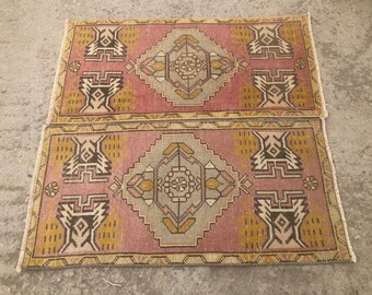 Vintage Turkish Rugs: Small Oushak Pair, Oriental Decor (1’7 x 3’3 feet)