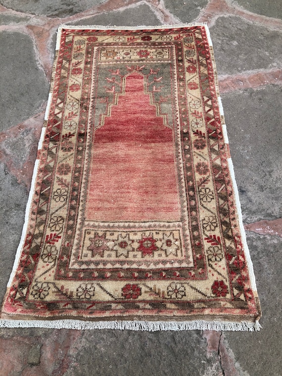 Handmade Wool Turkish Prayer Rug: Muted Red Vintage Tribal Design