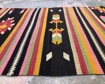 Black & Pink Kilim Runner: Turkish Wool Rug (2.9 x 9.3 ft)