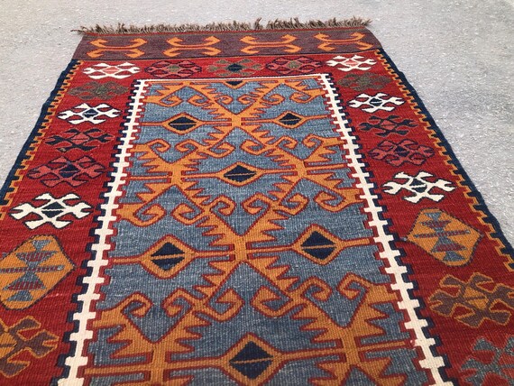 Vintage Turkish Kilim Runner Rug: Natural Dyed Wool, 2.10x10.2 ft
