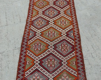 Vintage Turkish Kilim Runner Rug: Tribal Hallway Rug (2'6x10')