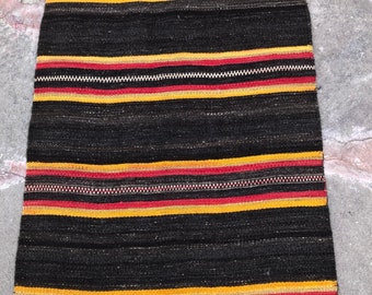 Vintage Turkish Kilim Runner Rug, Black Striped Wool, Handwoven (2.2 x 5.1 ft)