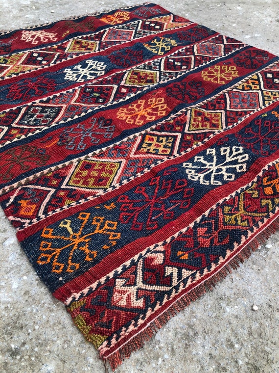 Antique Turkish Kilim Rug: Hand-spun Wool Cicim, Tribal