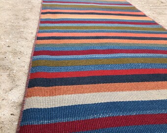 Extra Long Turkish Kilim Runner Rug: Vintage Handwoven Wool Stripe