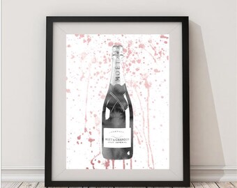 Grey Rose Gold,champagne bottle,champagne decor,watercolor,Digital print, champagne art,gift for women, Bridal,Wedding, Celebration,Birthday