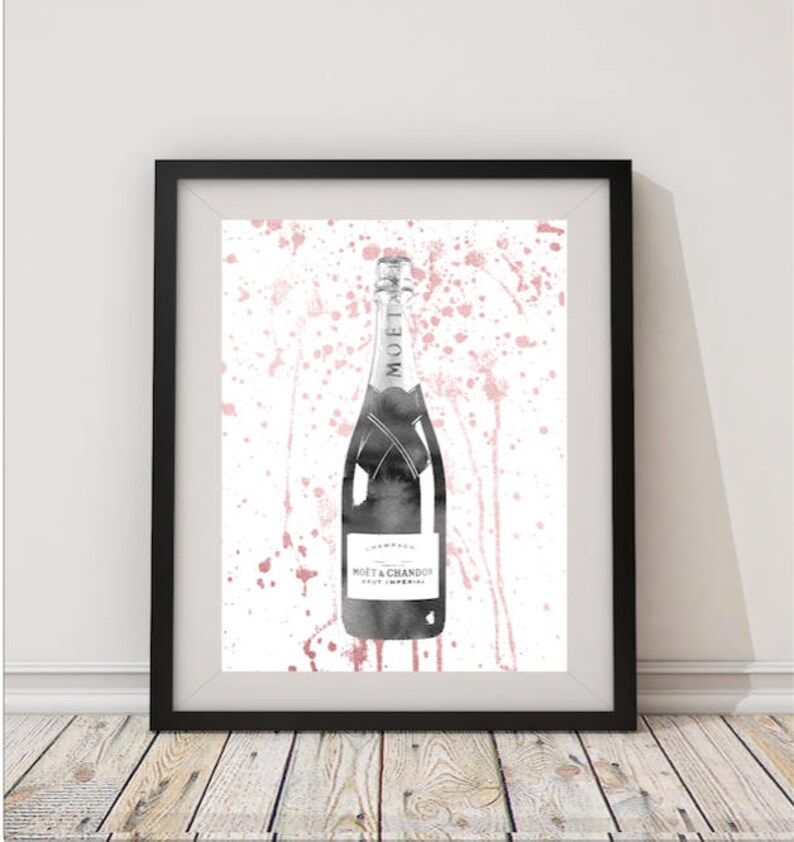 Grey Rose Gold,champagne bottle,champagne decor,watercolor,Digital print, champagne art,gift for women, Bridal,Wedding, Celebration,Birthday image 1