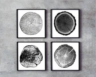 Tree Rings,set of 4,Stump,Wood Decor,ink Blot,Log,Nature,Tree print, Instant Digital Print, 8x8, Black & white,Gift for Men,Home,Cabin,Lake,