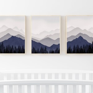 Misty,forest,trees,Nursery,Mountains,wilderness art,Nursery Decor,Gender neutral,Grey,blue,Watercolor,Digital download,gift for home,nursery