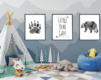 Baby Boy,Nursery Decor,Quote,Little Bear Cave,Nursery, Wildlife, Set 3, Instant Digital Prints, 11x16, A3, Watercolor gray,gift for baby boy