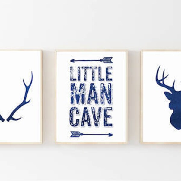 Baby,Boy,Nursery decor,wall art,wildlife,Antlers,Deer Head, Arrows,Little Man Cave,navy blue,Gray,Set of 3,8x10 Prints digital,gift for boys