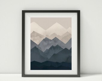 Printed, Home Decor, Navy, Blue, Cream, Mountain, Nature, Wilderness,  print, Nursery, Gift for, Home, Nursery, Baby, Boy, Man, father