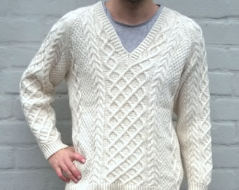 White aran sweater, fisherman sweater, cable knit, men&#39;s jumper, Irish Christmas sweater, handmade wool sweater, S/M