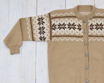 Brown cardigan, vintage handmade cardigan, button up sweater, knitted sweater, fair isle cardigan, Christmas sweater, women cardigan, XS/S