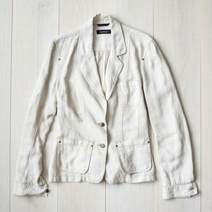 Vintage 100% Linen Blazer Women’s Size 40 M/L, Beige Lightweight Jacket, Pret a Porter, Utility Style, Summer Office Layer, 90s