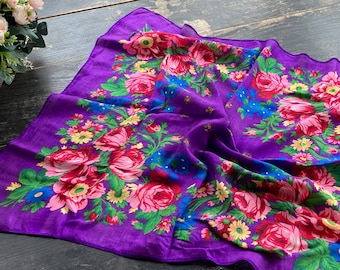 70s Floral Scarf - Purple Boho Shawl with Golden Thread