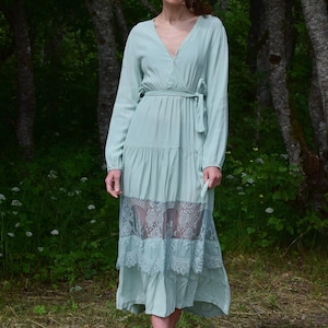 Vintage mint green summer maxi dress, Long sleeved elegant retro wedding dress, Sensual dress, Partly transparent - Women&#39;s MEDIUM size