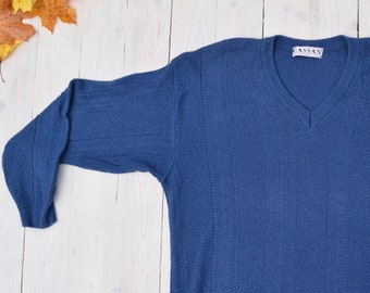 Blue woven sweater, vintage wool jumper, V neck sweater, classic pullover, knitted jumper, minimalist sweater, simple warm sweater, M/L