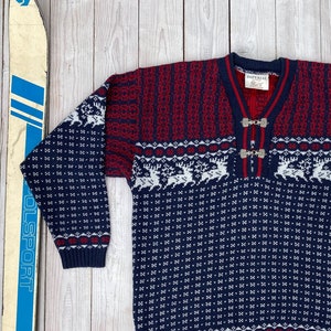 Bristish classic 70s country sweater - Knitted nordic winter pullover - Red & Blue Christmas jumper - Men&#39;s small size