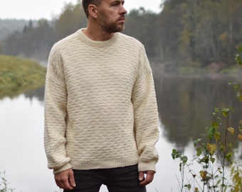 Weißer Weihnachtspullover, Handgemachter Wollpullover, Freundpullover, Nordische Fischerpullover, Oversizepullover, Geschenk für Ihn, Herrengröße L