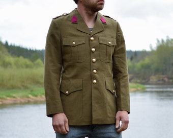Original Dutch army 1977 uniform - 70s military service jacket - Khaki green soldier blazer - Men's small size