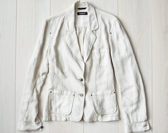 Vintage Leinen Blazer: Beigefarbene Jacke imUtilty Style, Damen M/L