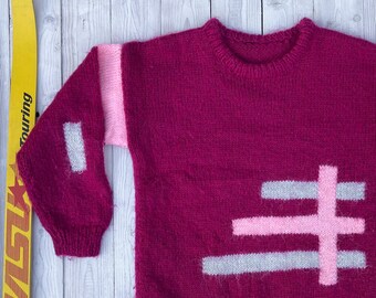 Pull violet vintage fait main des années 80 - Pull à ski rétro à motif géométrique tricoté à la main - Taille moyenne pour femme
