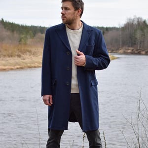 Vintage luxury cashmere wool men&#39;s overcoat, Blue Italian trench coat, Warm spring topcoat, Elegant formal event coat - Men&#39;s MEDIUM size