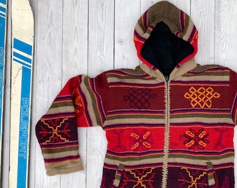 Handmade ethnic winter hoodie - Cozy handknit patterned cardigan - Purplish hippie outerwear - Women's medium size