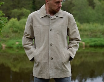 Vintage Suede Leather Overcoat – 90s Beige Jacket, Men's Medium