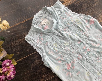 Light blue boho 60s romantic lace blouse - Transparent floral 70s summer shirt - Sleeveless date night women's top - Women's small size