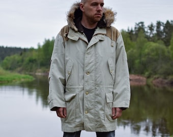 Beige Vintage 80s Parka Coat - Soviet 90s Hooded Jacket