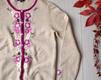 Vintage Lambswool Floral Cardigan: 90s Beige Wool Jumper, Women's Small
