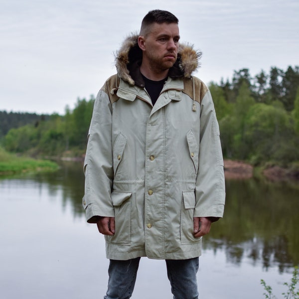 Parka beige vintage des années 80 - Veste à capuche soviétique des années 90 - Manteau rétro chaud et isolé - Grande taille pour homme