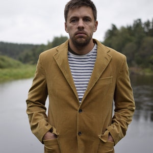 Light brown vintage velvet jacket - 80s casual streetwear overcoat - Brown autumn jacket - Men&#39;s medium size