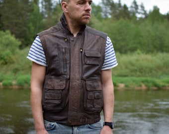 Smooth leather insulated vintage biker vest - Brown 80s leisure vest - Real leather motorcylce wear - Men's medium size